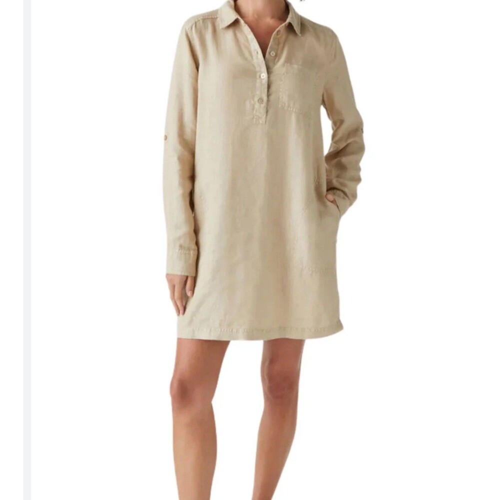 Michael Stars Eleanor Utility Shirt Dress Linen Roll Tab Sleeves Natural Tan XS